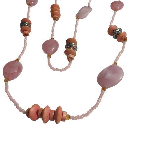 Pink Beaded Necklace Wooden Accents Statement Jewelry 28 In Handmade Rustic Boho - Picture 2 of 4